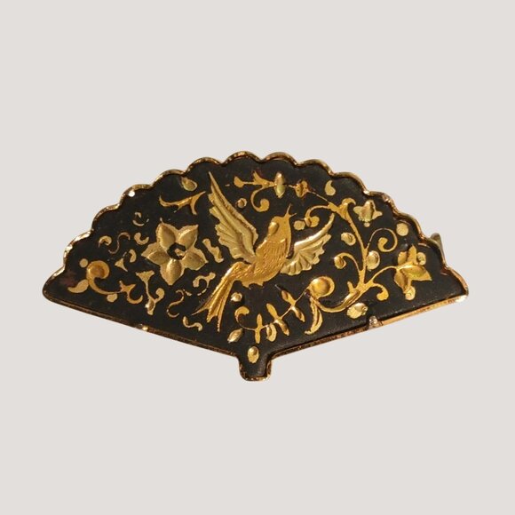 Vintage Damascene Brooch Small Gold Tone Black Enamel Fan Bird Floral Design - Picture 3 of 16